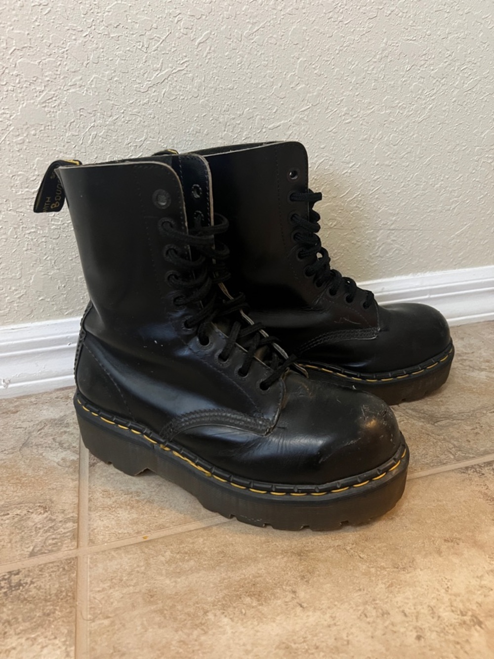 Dr. Martens Black Leather Platform Steel-toe Lace-Up Boots with Yellow Stitching